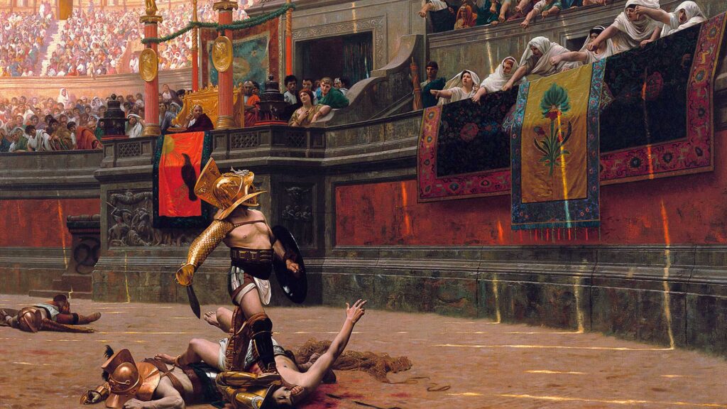 Pollice Verso by Jean-Léon Gérôme A gladiator standing over his defeated foes in the Colosseum, waiting for the Emperor to signal thumbs up or thumbs down