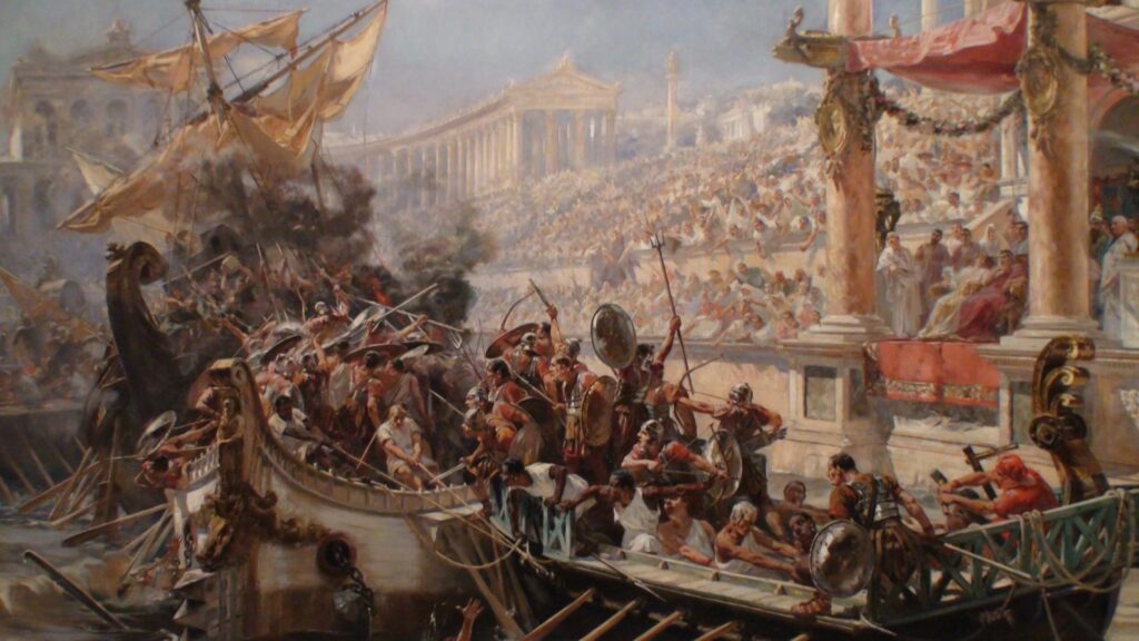 La Naumachia by Ulpiano Checa Slaves and prisoners fighting in a Naumachia before the Emperor, painting by Ulpiano Checa